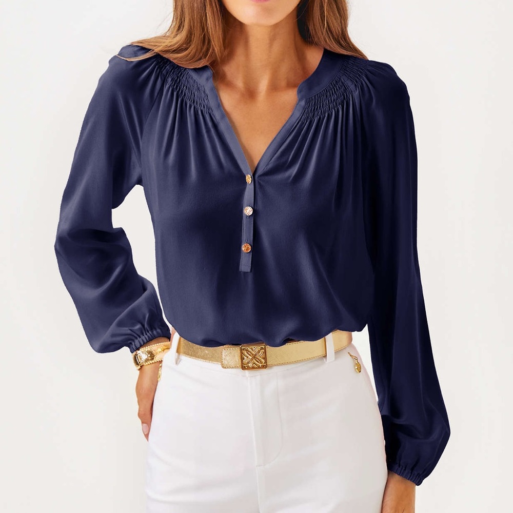 Lilly Pulitzer Navy Blue Long-Sleeve V-Neck Blouse